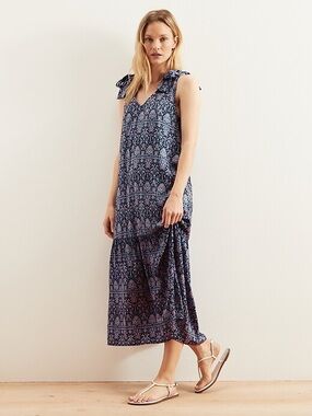 Banana Republic Navy Floral Maxi Dress with Tie Shoulders